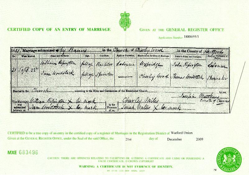 Rippington (William) & Woodstock (Jane) 1851 Marriage Certificate